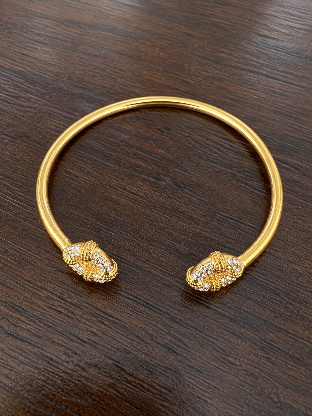 Gold Tone Rhinestone Knot, Open Cuff Bracelet 8”